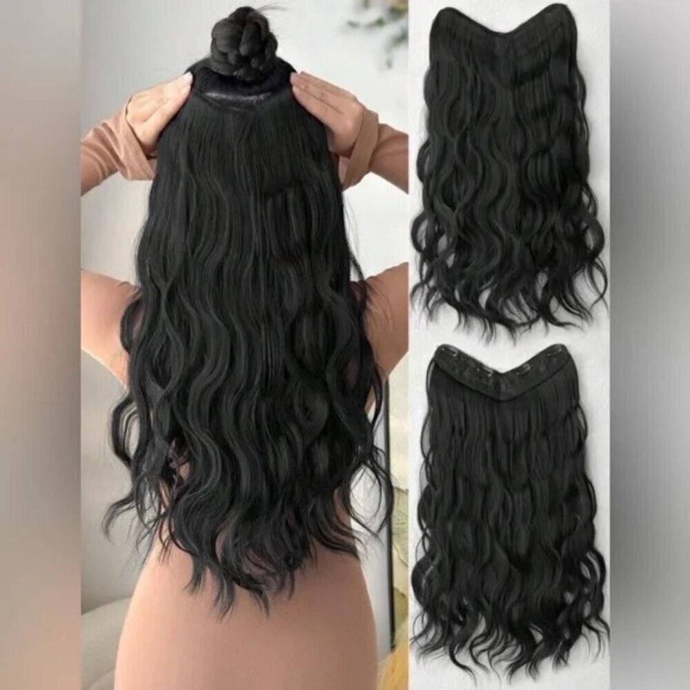 U Shaped Black Wavy One Piece Thick Clip in Hair Extension Piece 22 In long - Picture 1 of 4